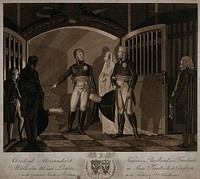 Alexander I of Russia taking leave of Friedrich Wilhelm III and his wife, Luise von Mecklenburg-Strelitz, next to the tomb of Frederick the Great. Aquatint by J. Berka after S. Le Gros, 1806.
