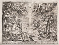The garden of Eden illuminated by light symbolising the Trinity. Engraving by A. Collaert after H. Bol.