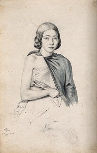 A young woman, front view, right shoulder exposed. Drawing attributed to H.W. Berend, c. 1856.