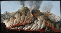 Mount Vesuvius: interior of the crater showing the flow of lava in an eruption. Coloured etching by Pietro Fabris, 1776, after his painting, 1756.