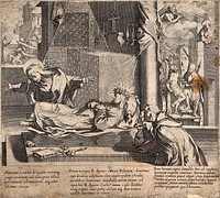 The deceased Saint Agnes of Montepulciano raising her foot to be kissed by Saint Catherine of Siena with scenes behind of a martyrdom and a miracle. Engraving by P. de Jode after F. Vanni.