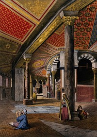 Dome of the Rock, Jerusalem: interior, with a seated man praying. Chromolithograph by C.C. Bachelier and A. Adam after François Edmond Pâris, 1862.