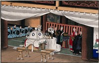 Japanese funeral customs: the coffin, enclosed in a palanquin lies in the temple. Watercolour, ca. 1880 .