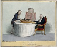 King William IV sits with knife and fork at the ready before a pie containing blackbirds served to him by Lord Melbourne. Coloured lithograph by H.B. (John Doyle), 1836.