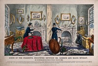 Superintendent Durkin and Inspector Mackenzie enter the rooms of Mr Roberts in London and find him severely wounded after an encounter with Major Murray. Coloured lithograph, 1861.