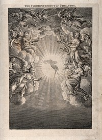The hand of God spans out heaven with a compass while surrounded by angels. Line engraving by Robert Pranker, ca. 1761.