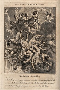 Lucifer's angels tumble out of heaven, their limbs entwined. Etching by R. Pranker, 176-.