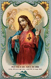 Christ surrounded by angels, showing his Sacred Heart. Process print.