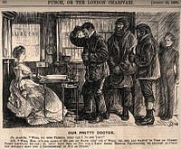 An attractive female doctor being approached by three burly men enquiring about nursing work. Wood engraving by G. Du Maurier, 1870.