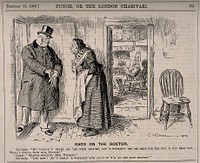 A doctor visiting a senile old man and discussing his verdict with the patient's wife. Wood engraving by C.E. Brock, 1902.