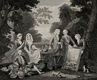A group of female and male figures in a landscape studying a painting. Engraving.