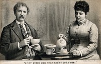 A man enjoying a cup of tea poured by a woman contemplates the disadvantages of the unmarried state. Lithograph.