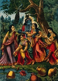 Krishna with Radha and three gopis. Chromolithograph.