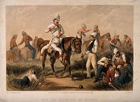 Indian Rebellion: ambulancemen and soldiers searching for and assisting the wounded. Coloured lithograph by A. Laby, 1859, after G.F. Atkinson.