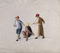 A Chinese prisoner with bound hands and feet and head covered is slowly strangled by two executioners with rope. Gouache painting by a Chinese artist, ca. 1850.