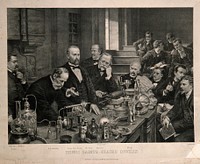 Henri Sainte-Claire Deville demonstrating an experiment in the inorganic chemistry laboratory at the École Normal Supérieure, Paris, 1878. Reproduction after a painting by L. l'Hermitte.