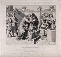 Christ makes wine out of water at the marriage at Cana. Etching by B. Bertoccini after J.F. Overbeck, 1848.