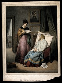 A sailor's widow listens while a woman reads her a letter. Coloured lithograph by J. Vallou de Villeneuve, 183, after J.A. Franquelin.