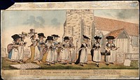 A funeral procession of elderly women with cats in their arms, following the coffin of a dead cat, in a churchyard. Coloured stipple engraving by J. Pettit after E.G. Byron, 1789.