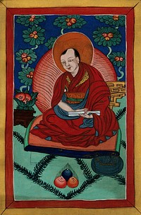 A Lohan or disciple of Buddha , holding a book. Gouache.