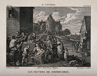 A rich man and his servant hand out food and alms to the poor and hungry. Etching by C. Niquet after P.G. Langlois after D. Teniers the younger.