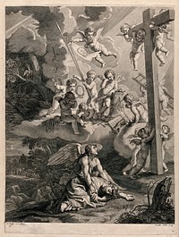 The agony of Christ in the garden of Gethsemane; an angel descends to strengthen him while cherubs hover with the instruments of the Passion. Engraving by C. Bouzonnet Stella after J. Stella.