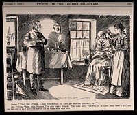 A doctor visiting an Irish patient whose wife queries the recommendation to take one pill three times a day. Wood engraving after D. Wilson, 1903.