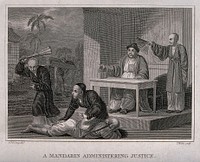 A Chinese man lying on the ground is being scourged by order of a magistrate and his clerk; a man carrying the cangue around his neck as a punishment walks past. Engraving by T. Wallis after W.M. Craig, May 1805.