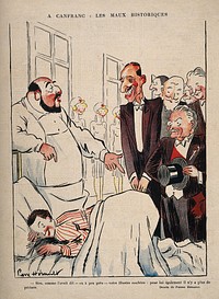 A group of aristocrats visit a young man in hospital. Colour photomechanical reproduction of a lithograph by P. Hérault, c. 1925.