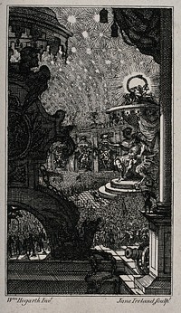 The council in hell: the fallen angels, persuaded by Satan, decide to pursue the battle against God. Etching by J. Ireland after W. Hogarth.