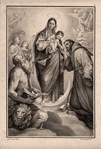 The Blessed Virgin with the Christ Child, Saint Jerome, Saint Francis of Assisi, and angels reading and playing music. Drawing by F. Rosaspina, c. 1830, after L. Carracci.