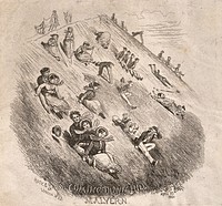 People sliding down a hill in Malvern. Wood engraving by O.T., 1860.