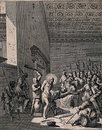 Christ beaten and mocked before Caiaphas. Etching by J. Callot, 1630.