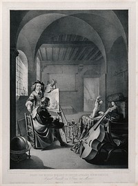 The painters Willem van de Velde the younger and Adriaen van de Velde studying a painting on an easel. Engraving by T.V. Desclaux after J.L. Meissonier.
