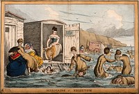 Women swimming in the sea at Brighton. Coloured etching by W. Heath.