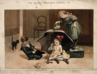 Children playing at creating the effect of a wet day with bellows, watering-can and an umbrella. Chromolithograph after E. Lees after A. Havers, 1890.
