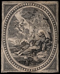 Saint Francis of Assisi  lying on the ground, looking at an angel on a cloud. Engraving by G.B. Canossa after P.L. Ghezzi, ca. 1730.