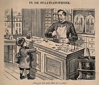 A small boy at an apothecary's shop. Reproduction of a lithograph by A. Holswilder, c. 1890.