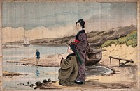 Two Japanese women on a sandy shore, one crouches down and points across the water. Gouache painting.