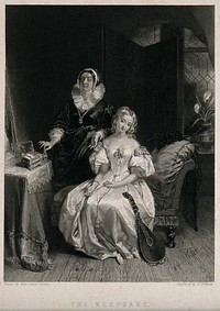 A standing woman showing a portrait miniature to a young seated woman. Engraving by J.H. Robinson, 1838, after L. Sharpe.