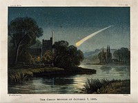 Astronomy: a meteor in the night sky. Coloured wood engraving, 1868.