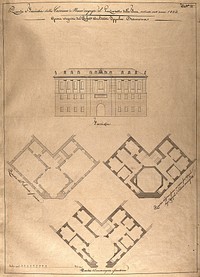 The lazaretto at Foce: facade and floor plans. Pen drawing by I. Cremona, 1824.