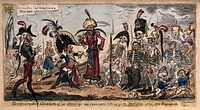 The diminished Napoleon before his despondent relief troops squeezed into the skeletons of their predecessors, referring to French military losses. Coloured etching by G. Cruikshank, 1813.