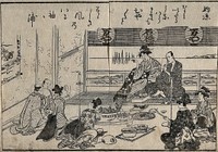 A tea-house scene: evening cooling (noryo). Woodcut, 1815.