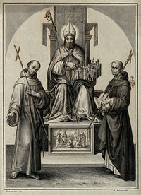 Petronius, bishop of Bologna, with Saint Francis of Assisi and Saint Dominic. Drawing by F. Rosaspina, c. 1830, after L. Costa, 1502.