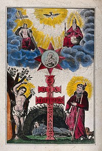 The Holy Cross, surrounded by Saint Sebastian, Saint Roch, and Saint John Nepomuk, and (above) the appearance of the Trinity; serving as an amulet against plagues, witchcraft etc. Coloured etching.