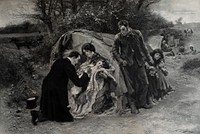 The good Samaritan: a physician on his way to the opera stops to attend a sick gypsy child; father and siblings dressed in rags in the background. Photogravure after W. Small, 1899.