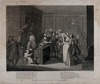 A paternity suit: in a courtroom, a judge, a guilty looking woman, an enraged wife, and the supposed father. Engraving by T. Cook after W. Hogarth.