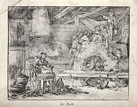 A woman washing clothes; in the background children are playing in a disused kiln. Aquatint by J.B. Le Prince, 1770.