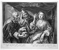 A vain woman combing her hair, a fool showing her her face in a mirror, and a philosopher pointing to a skull as a reminder of the vanity of transient things. Line engraving attributed to Pieter de Jode II after J. Jordaens.